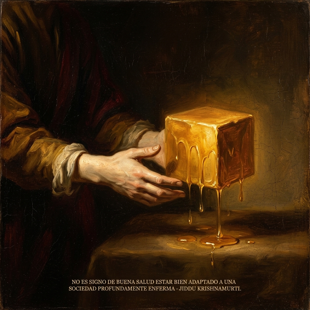 Pintura al óleo de manos pálidas recibiendo un cubo dorado brillante en la oscuridad