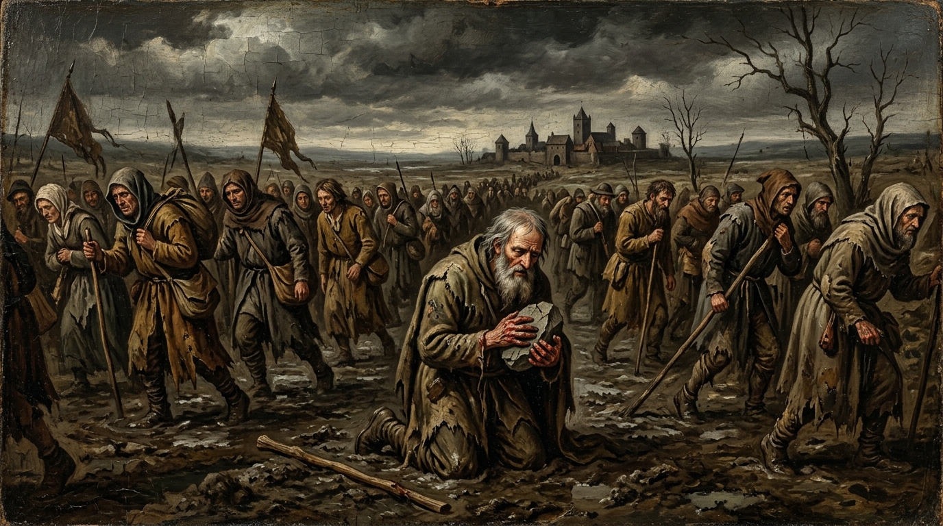 Óleo medieval crudo y desolador de una multitud de peregrinos andrajosos cruzando un páramo lodoso bajo un cielo gris plomo, mientras un anciano de rodillas se aferra a una roca partida con manos heridas